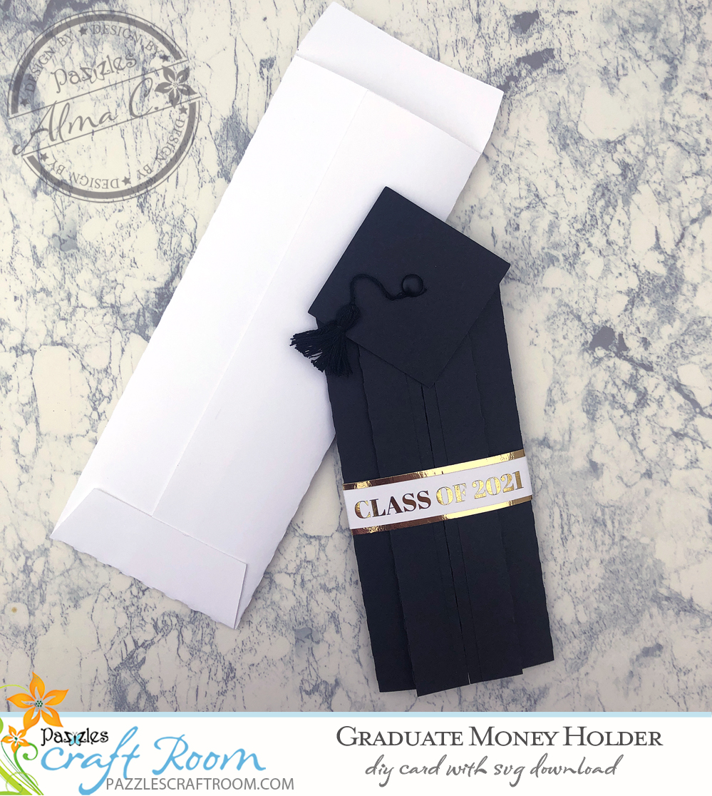 Pazzles DIY Graduate Money Holder with instant SVG download. Instant SVG download compatible with all major electronic cutters including Pazzles Inspiration, Cricut, and Silhouette Cameo. Design by Alma Cervantes.