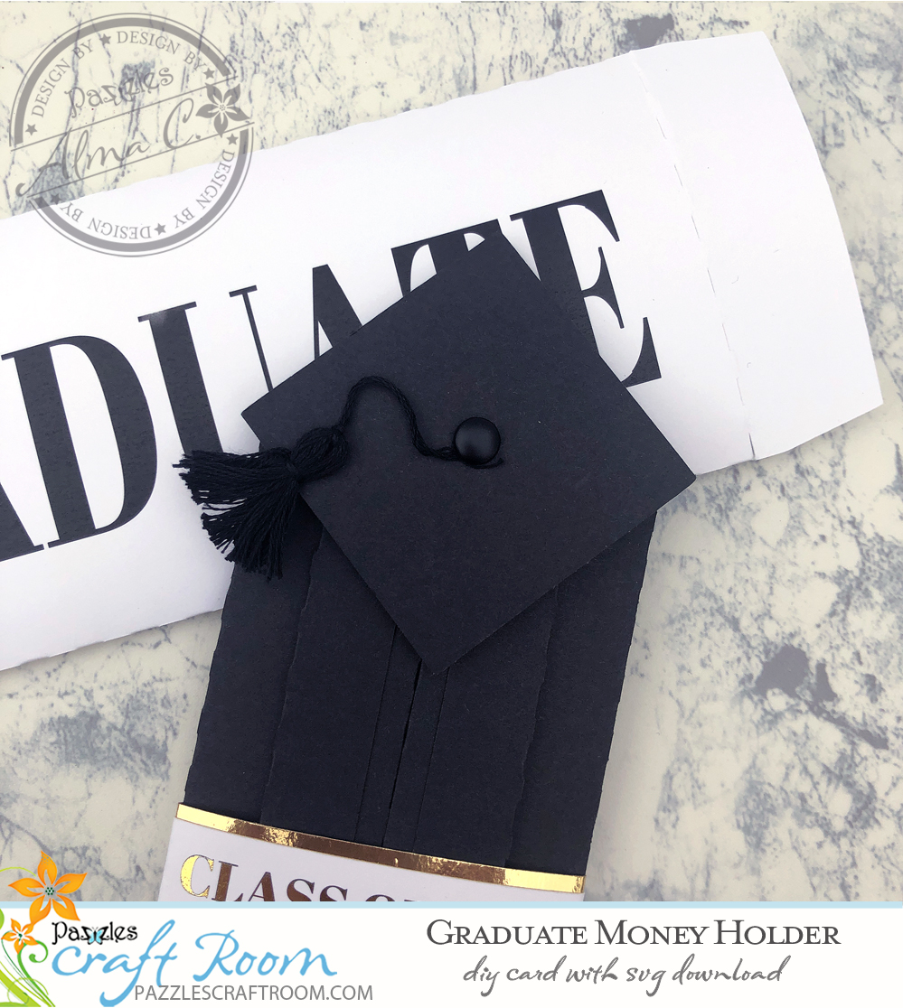 Pazzles DIY Graduate Money Holder with instant SVG download. Instant SVG download compatible with all major electronic cutters including Pazzles Inspiration, Cricut, and Silhouette Cameo. Design by Alma Cervantes.