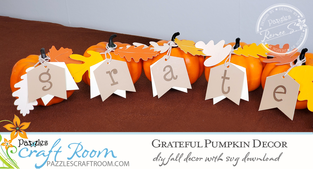 Pazzles DIY Grateful Pumpkin Decor with instant SVG download. Compatible with all major electronic cutters including Pazzles Inspiration, Cricut, and SIlhouette Cameo. Design by Renee Smart.