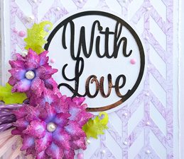 Pazzles DIY Greetings With Love Card with paper flowers. SVG download compatible with all major electronic cutters including Pazzles Inspiration, Cricut, and SIlhouette Cameo. Design by Nida Tanweer.