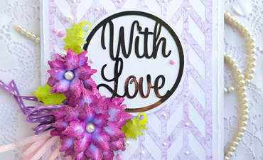 Pazzles DIY Greetings With Love Card with paper flowers. SVG download compatible with all major electronic cutters including Pazzles Inspiration, Cricut, and SIlhouette Cameo. Design by Nida Tanweer.