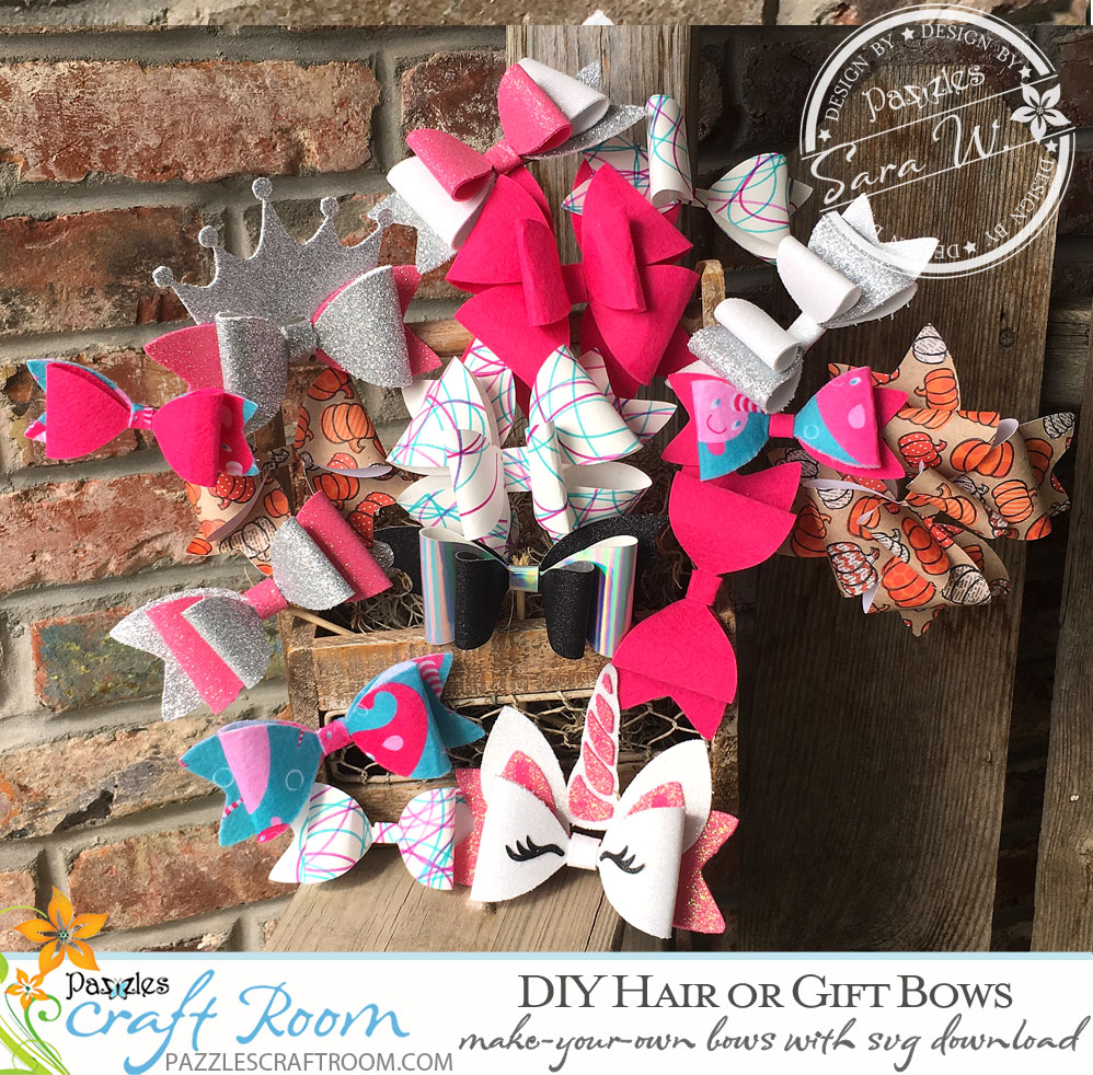 Pazzles DIY Bows for Hair or Gifts. Cut in Paper, Felt, Foam or Faux Leather. Instant SVG download compatible with Pazzles Inspiration, Cricut, and Silhouette Cameo. Project by Sara Weber.