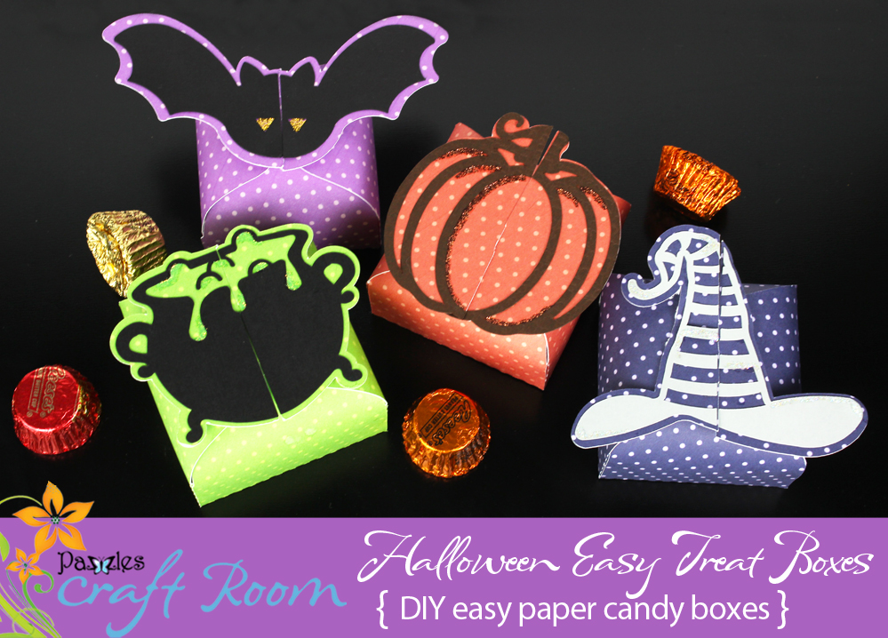 Pazzles DIY Easy Halloween Treat Boxes: bat, cauldron, witch hat, pumpkin, ghost, spider, spiderweb and skull and crossbones by Amanda Vander Woude