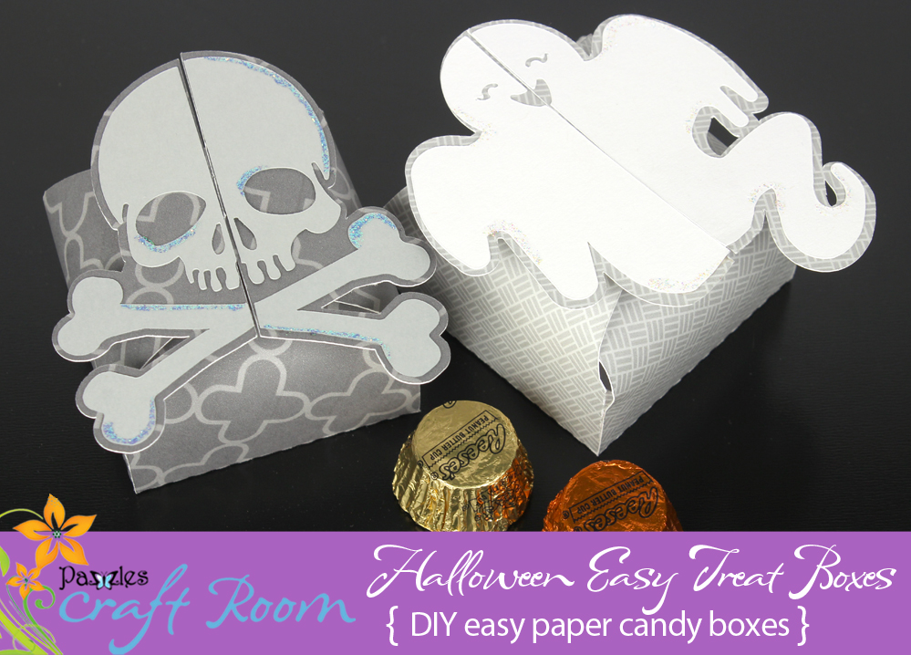 Pazzles DIY Easy Halloween Treat Boxes: bat, cauldron, witch hat, pumpkin, ghost, spider, spiderweb and skull and crossbones by Amanda Vander Woude