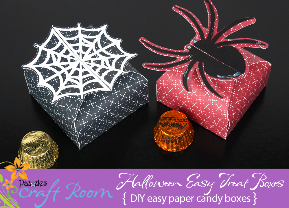 Pazzles DIY Easy Halloween Treat Boxes: bat, cauldron, witch hat, pumpkin, ghost, spider, spiderweb and skull and crossbones by Amanda Vander Woude