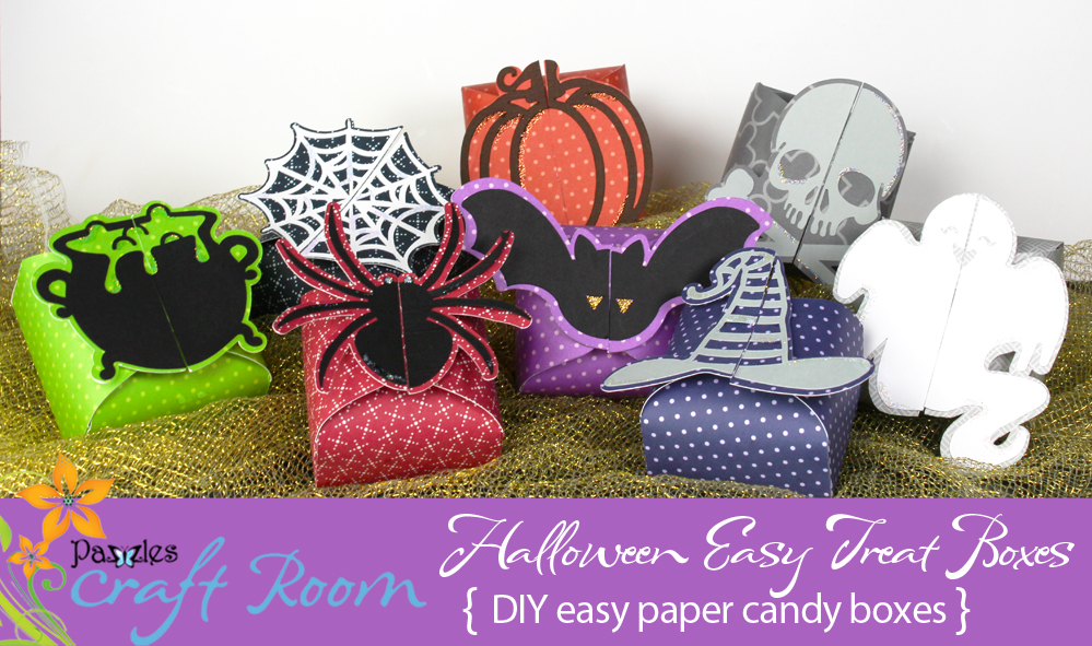 Pazzles DIY Easy Halloween Treat Boxes: bat, cauldron, witch hat, pumpkin, ghost, spider, spiderweb and skull and crossbones by Amanda Vander Woude