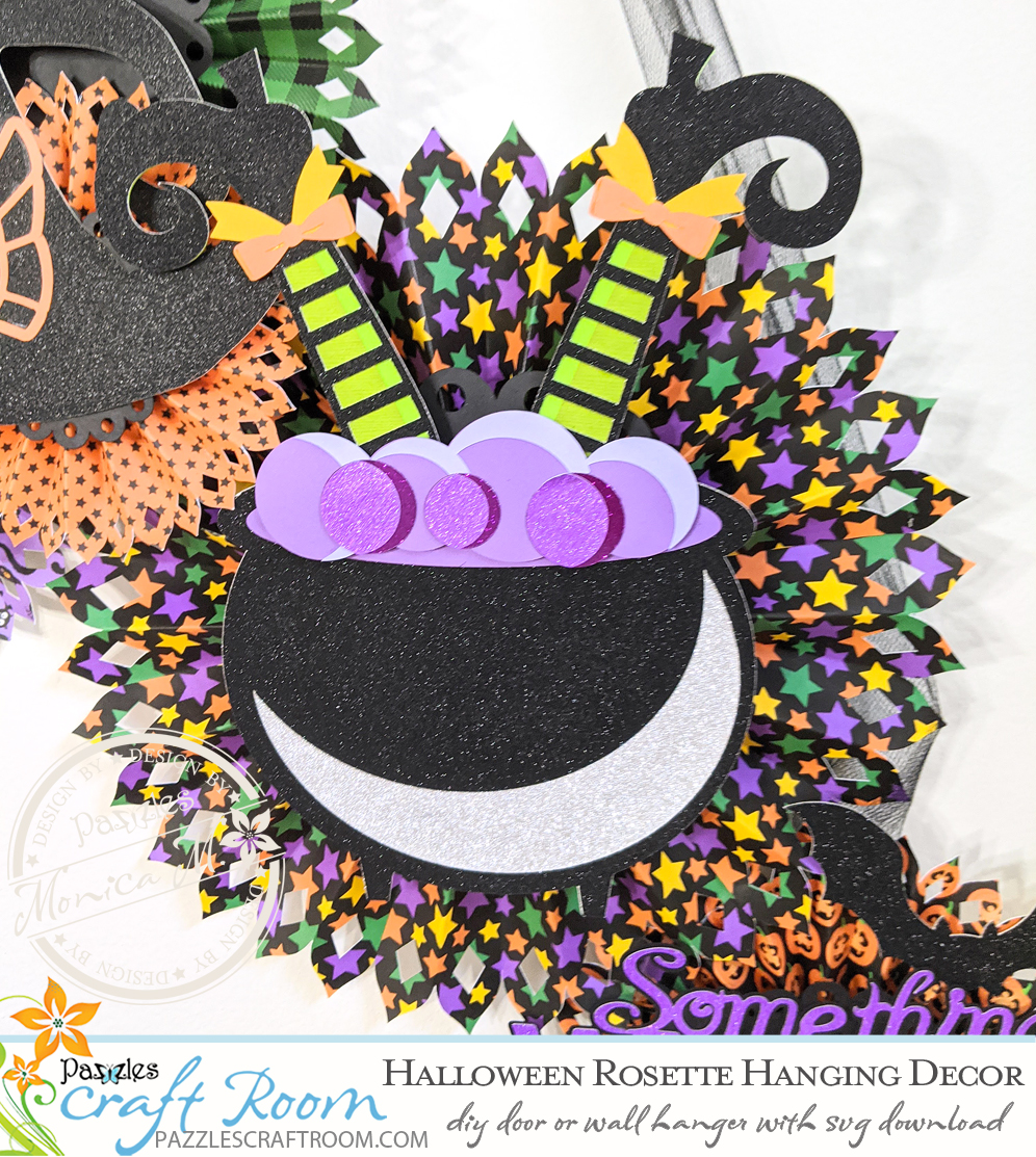 Pazzles DIY Halloween Rosette Hanging Decor with instant SVG download. Compatible with all major electronic cutters including Pazzles Inspiration, Cricut, and Silhouette Cameo. Design by Monica Martinez.
