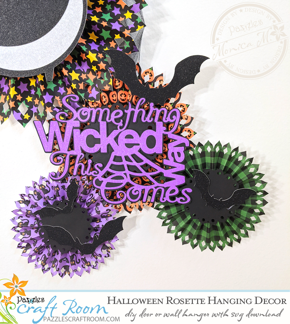 Pazzles DIY Halloween Rosette Hanging Decor with instant SVG download. Compatible with all major electronic cutters including Pazzles Inspiration, Cricut, and Silhouette Cameo. Design by Monica Martinez.