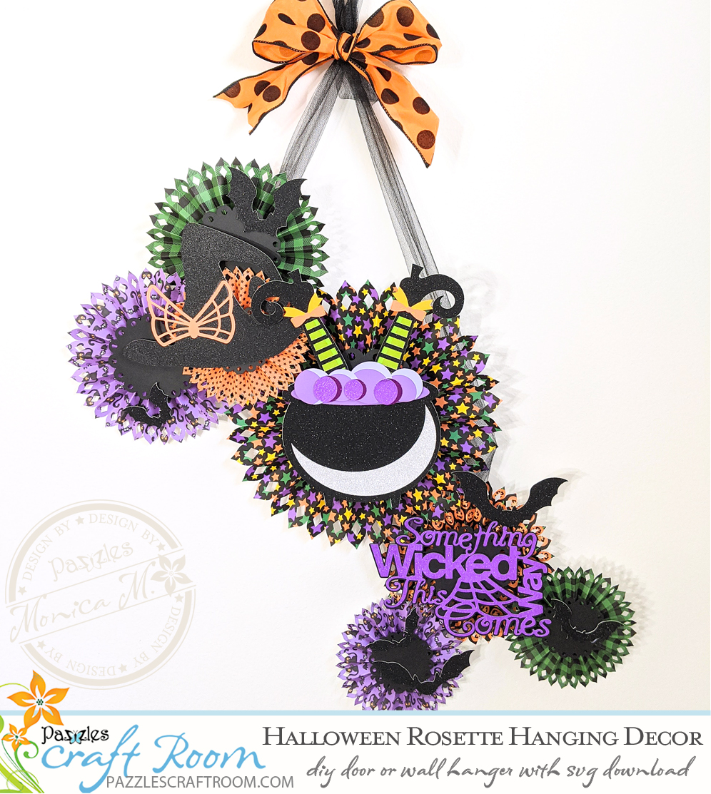 Pazzles DIY Halloween Rosette Hanging Decor with instant SVG download. Compatible with all major electronic cutters including Pazzles Inspiration, Cricut, and Silhouette Cameo. Design by Monica Martinez.