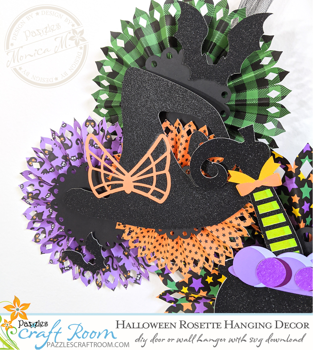 Pazzles DIY Halloween Rosette Hanging Decor with instant SVG download. Compatible with all major electronic cutters including Pazzles Inspiration, Cricut, and Silhouette Cameo. Design by Monica Martinez.