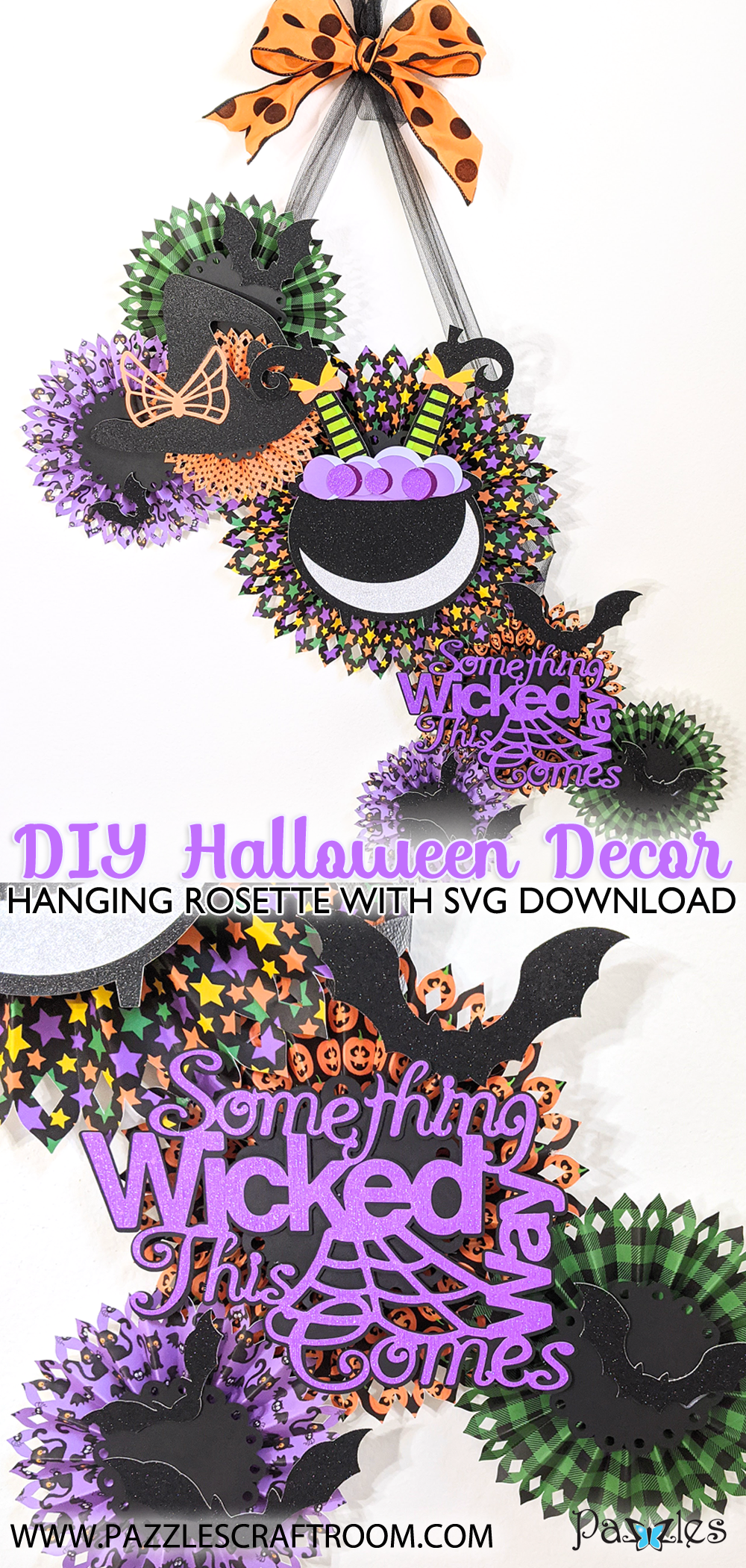 Pazzles DIY Halloween Rosette Hanging Decor with instant SVG download. Compatible with all major electronic cutters including Pazzles Inspiration, Cricut, and Silhouette Cameo. Design by Monica Martinez.