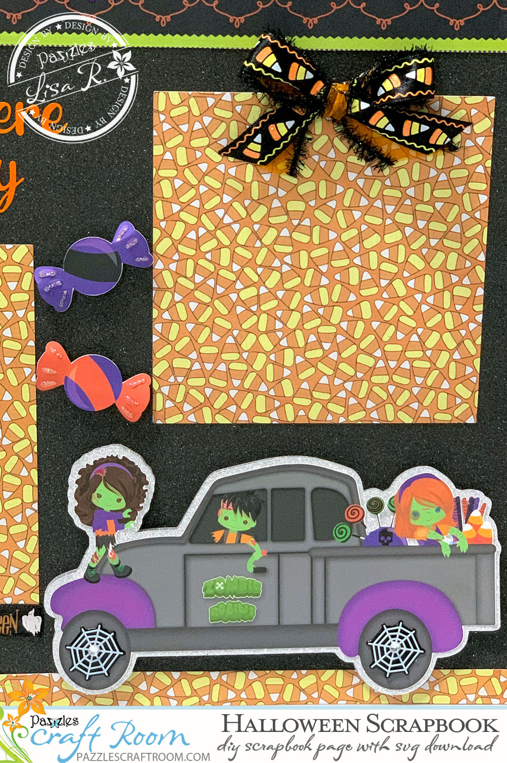 Pazzles DIY Halloween Scrapbook Page with SVG Download for Pazzles, Silhouette Cameo, and Cricut by Lisa Reyna