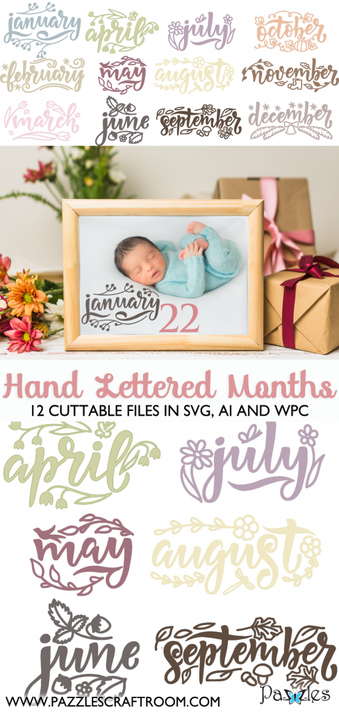 Pazzles Hand Lettered Calendar Months Cuttable SVG files for crafts. Instant download compatible with all major electronic cutters including Pazzles Inspiration, Cricut, and Silhouette Cameo.