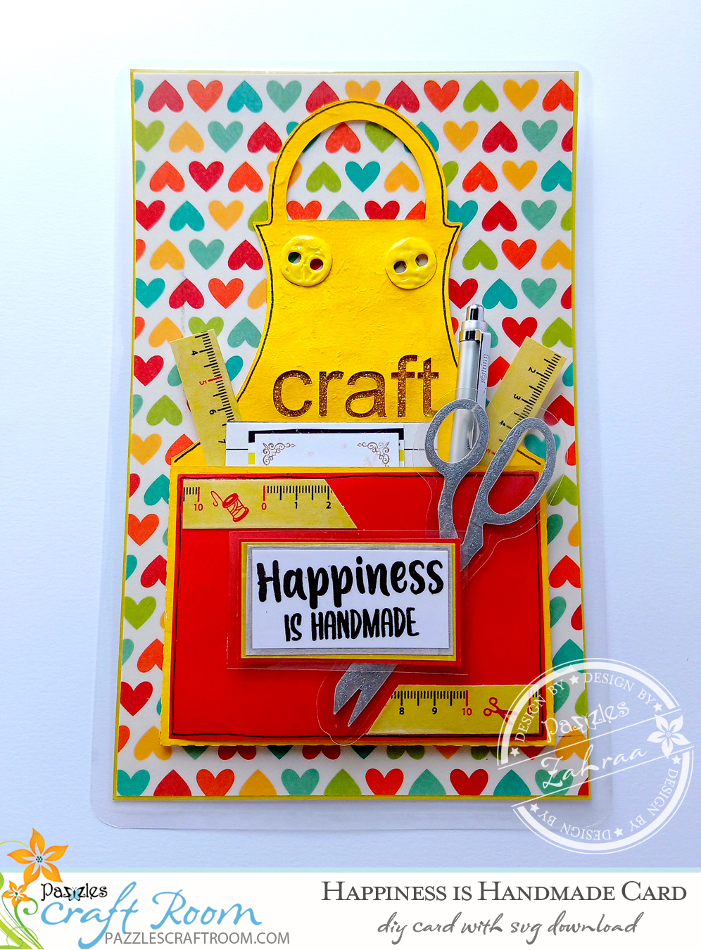 Pazzles DIY Happiness is Handmade Apron Card with instant SVG download. Compatible with all major electronic cutters including Pazzles Inspiration, Cricut, and Silhouette Cameo. Design by Zahraa Darweesh.