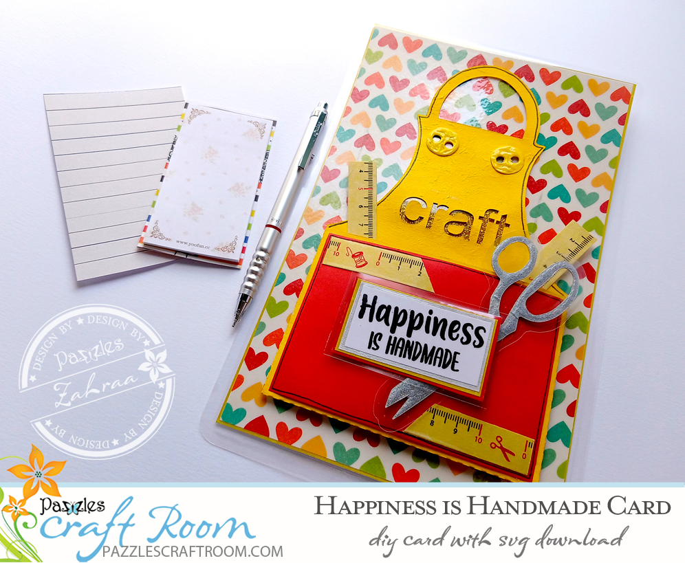 Pazzles DIY Happiness is Handmade Apron Card with instant SVG download. Compatible with all major electronic cutters including Pazzles Inspiration, Cricut, and Silhouette Cameo. Design by Zahraa Darweesh.