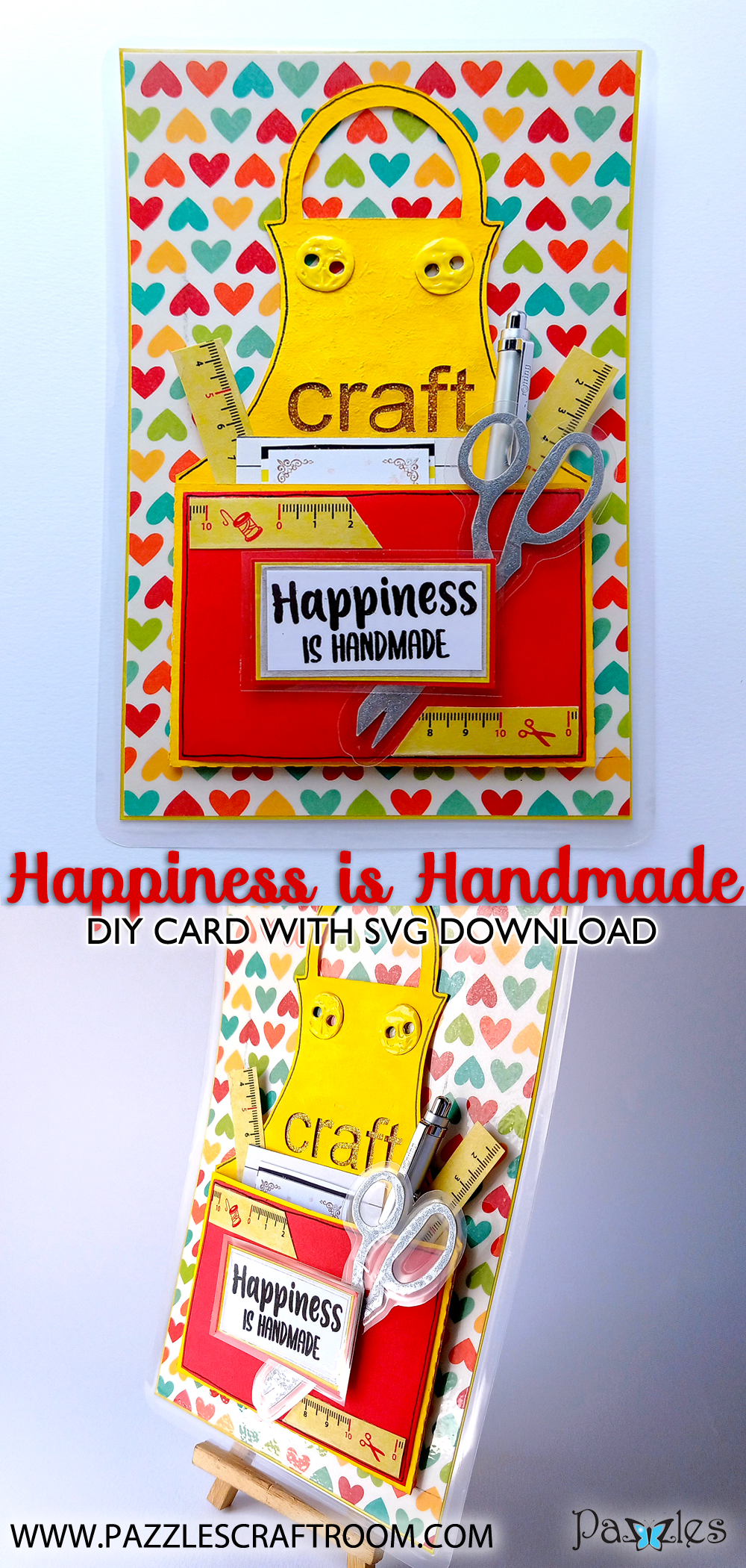 Pazzles DIY Happiness is Handmade Apron Card with instant SVG download. Compatible with all major electronic cutters including Pazzles Inspiration, Cricut, and Silhouette Cameo. Design by Zahraa Darweesh.