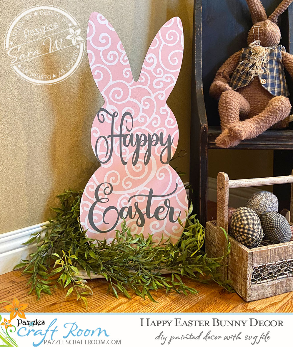 Pazzles DIY Happy Easter Bunny Decor with instant SVG download. Compatible with all major electronic cutters including Pazzles Inspiration, Cricut, and Silhouette Cameo. Design by Sara Weber. 