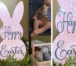 Pazzles DIY Happy Easter Bunny Decor with instant SVG download. Compatible with all major electronic cutters including Pazzles Inspiration, Cricut, and Silhouette Cameo. Design by Sara Weber.