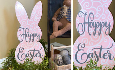 Pazzles DIY Happy Easter Bunny Decor with instant SVG download. Compatible with all major electronic cutters including Pazzles Inspiration, Cricut, and Silhouette Cameo. Design by Sara Weber.