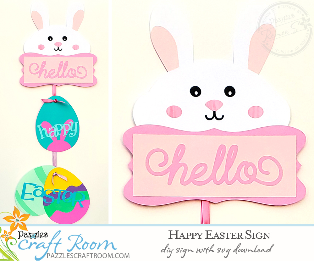 Pazzles DIY Happy Easter Sign with instant SVG download.  Instant SVG download compatible with all major electronic cutters including Pazzles Inspiration, Cricut, and Silhouette Cameo. Design by Renee Smart.