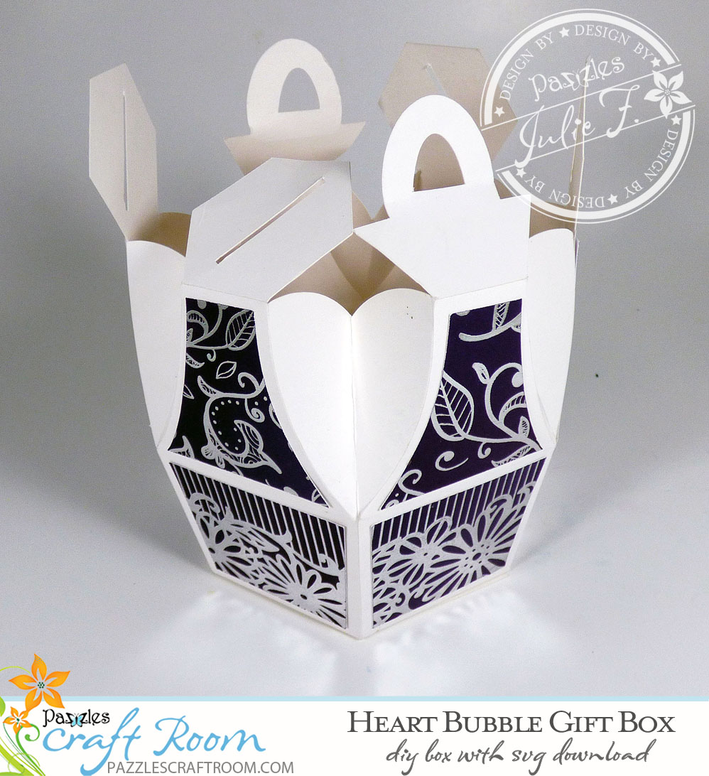 Pazzles DIY Heart Bubble Gift Box with instant SVG download. Compatible with all major electronic cutters including Pazzles Inspiration, Cricut, and Silhouette Cameo. Design by Julie Flanagan.