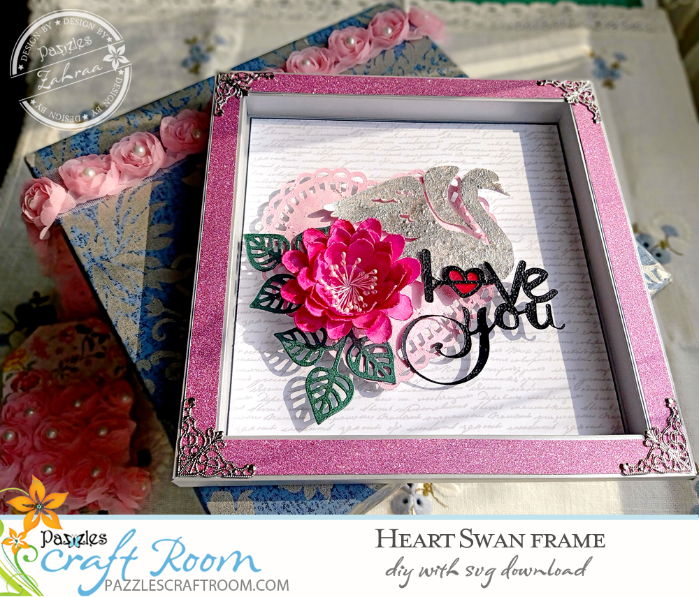 Pazzles DIY Heart Swan Frame with instant SVG download. Compatible with all major electronic cutters including Pazzles Inspiration, Cricut, and Silhouette Cameo. Design by Zahraa Darweesh.