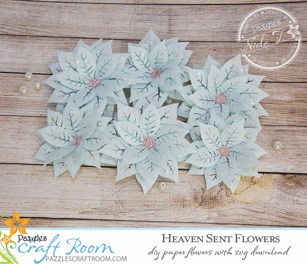 Pazzles DIY Heaven Sent Paper Flowers with instant SVG download. Instant SVG download compatible with all major electronic cutters including Pazzles Inspiration, Cricut, and Silhouette Cameo. Design by Nida Tanweer.