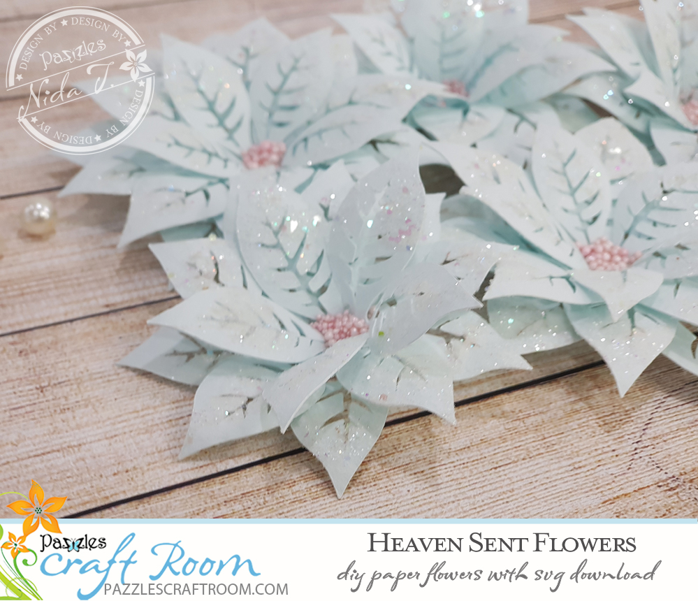 Pazzles DIY Heaven Sent Paper Flowers with instant SVG download. Instant SVG download compatible with all major electronic cutters including Pazzles Inspiration, Cricut, and Silhouette Cameo. Design by Nida Tanweer.