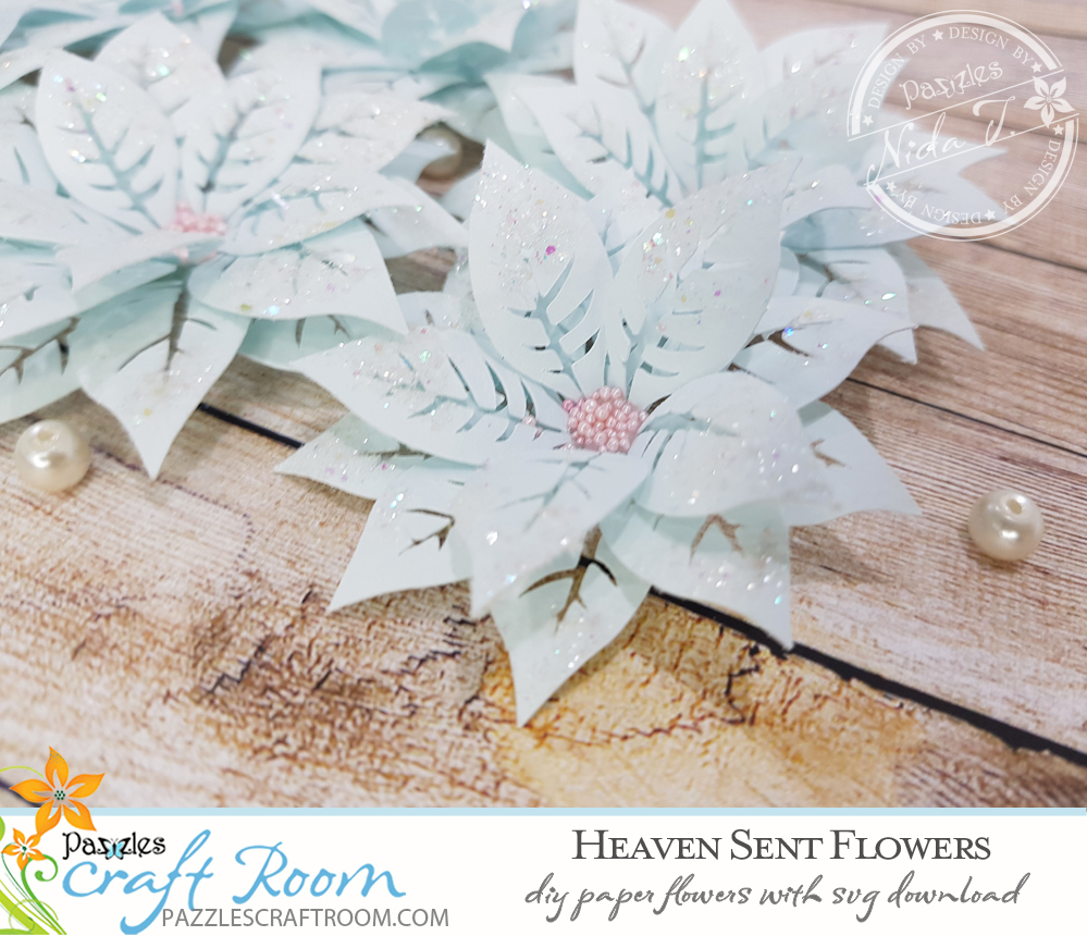 Pazzles DIY Heaven Sent Paper Flowers with instant SVG download. Instant SVG download compatible with all major electronic cutters including Pazzles Inspiration, Cricut, and Silhouette Cameo. Design by Nida Tanweer.