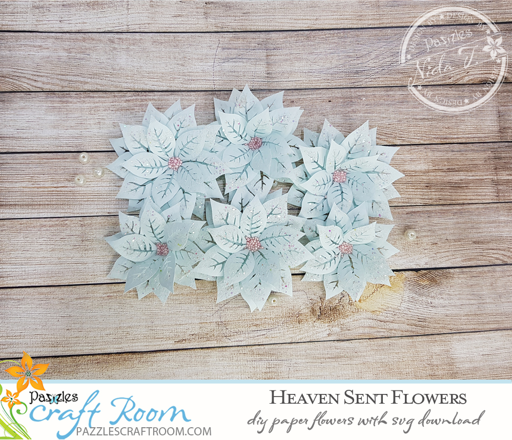 Pazzles DIY Heaven Sent Paper Flowers with instant SVG download. Instant SVG download compatible with all major electronic cutters including Pazzles Inspiration, Cricut, and Silhouette Cameo. Design by Nida Tanweer.