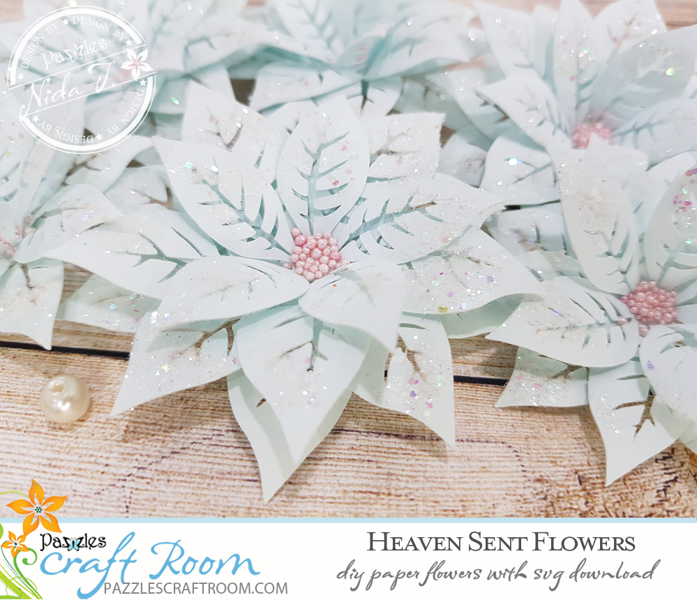 Pazzles DIY Heaven Sent Paper Flowers with instant SVG download. Instant SVG download compatible with all major electronic cutters including Pazzles Inspiration, Cricut, and Silhouette Cameo. Design by Nida Tanweer.