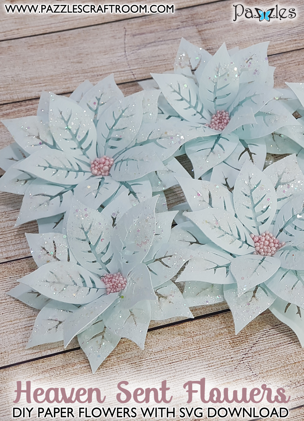 Pazzles DIY Heaven Sent Paper Flowers with instant SVG download. Instant SVG download compatible with all major electronic cutters including Pazzles Inspiration, Cricut, and Silhouette Cameo. Design by Nida Tanweer.