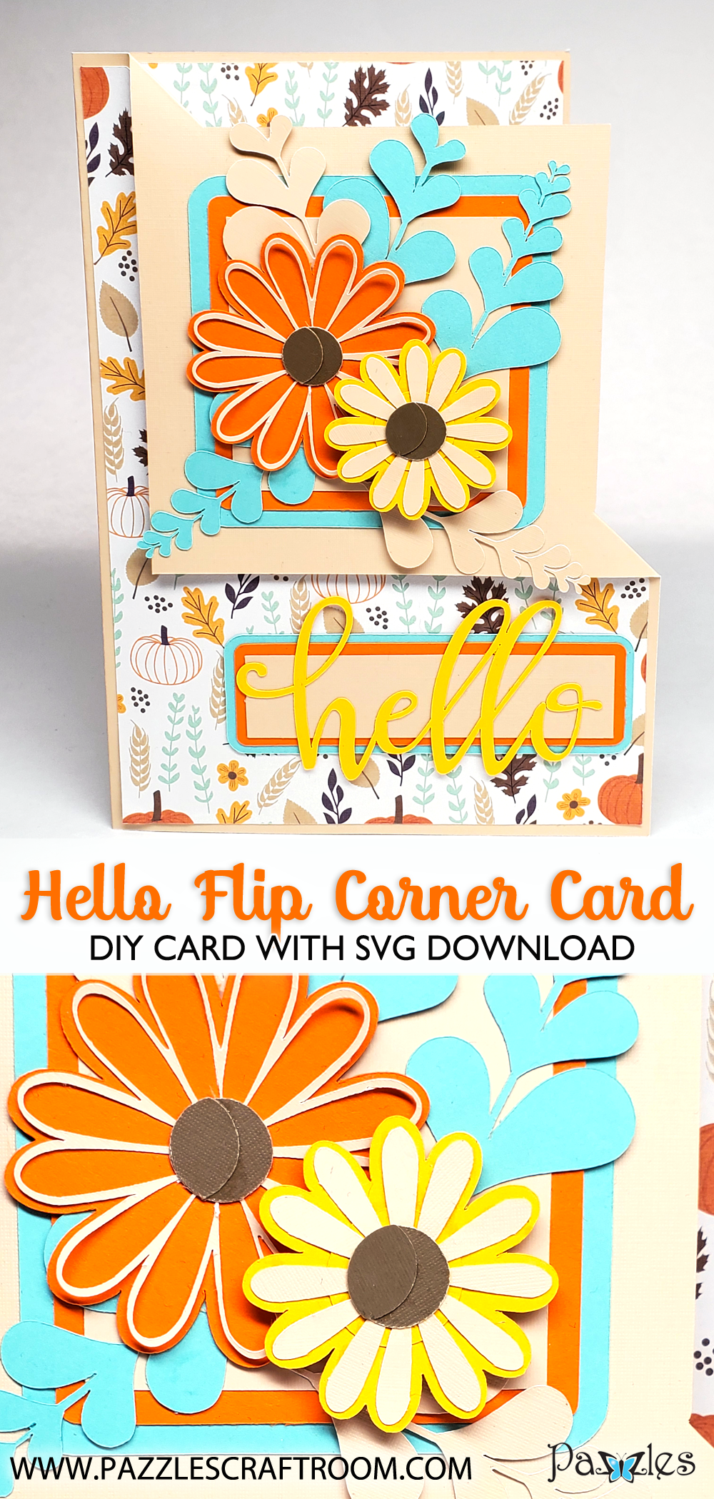 Pazzles DIY Hello Flip Corner Card with instant SVG download. Compatible with all major electronic cutters including Pazzles Inspiration, Cricut, and Silhouette Cameo. Design by Renee Smart.