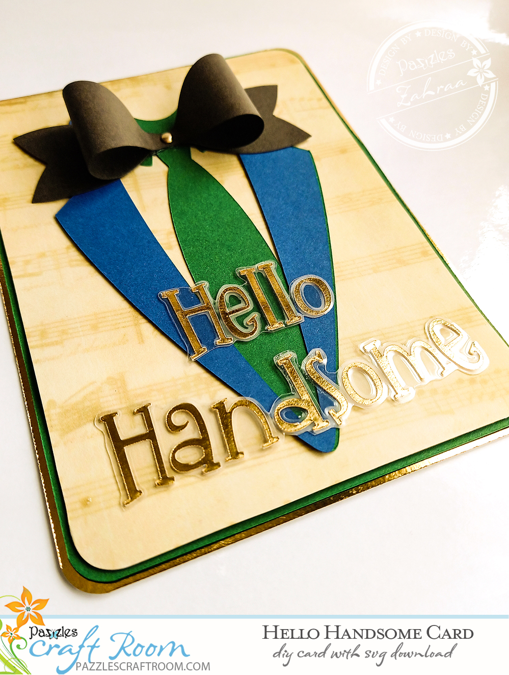 Pazzles DIY Hello Handsome Card with instant SVG download. Instant SVG download compatible with all major electronic cutters including Pazzles Inspiration, Cricut, and Silhouette Cameo. Design by Zahraa Darweesh.