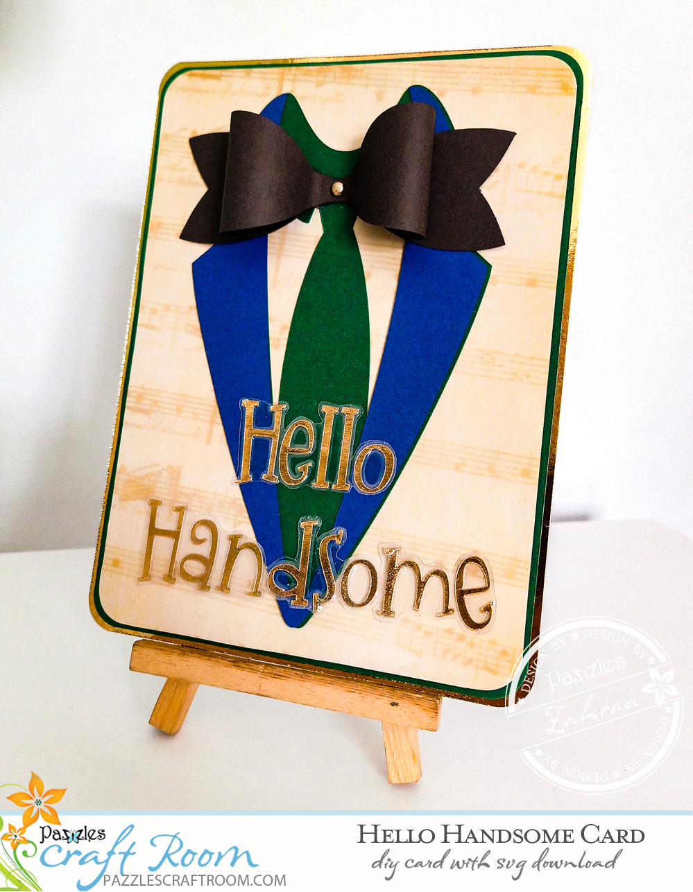 Pazzles DIY Hello Handsome Card with instant SVG download. Instant SVG download compatible with all major electronic cutters including Pazzles Inspiration, Cricut, and Silhouette Cameo. Design by Zahraa Darweesh.