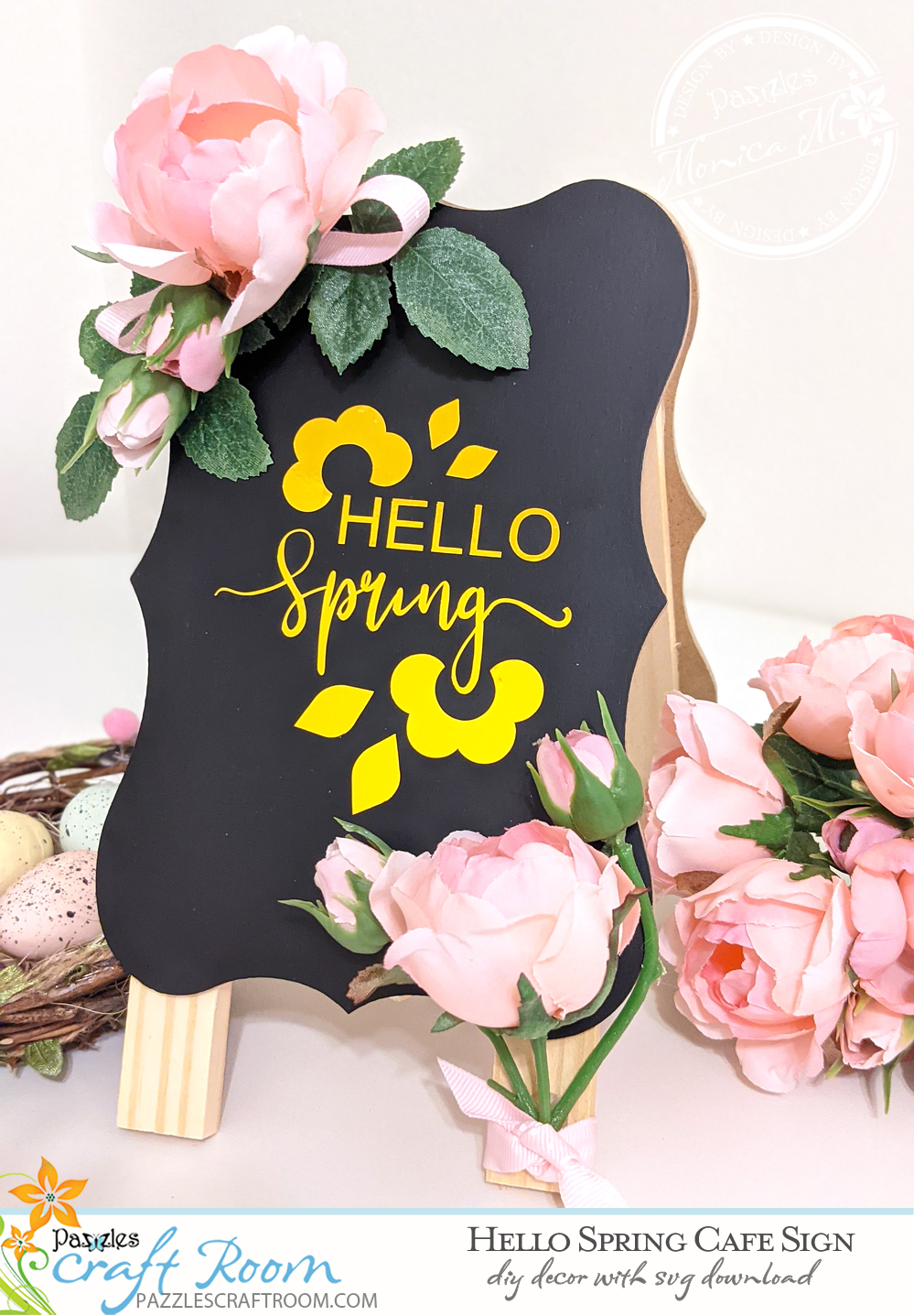 Pazzles DIY Hello Spring Cafe Sign with instant SVG download. Instant SVG download compatible with all major electronic cutters including Pazzles Inspiration, Cricut, and Silhouette Cameo. Design by Monica Martinez. 