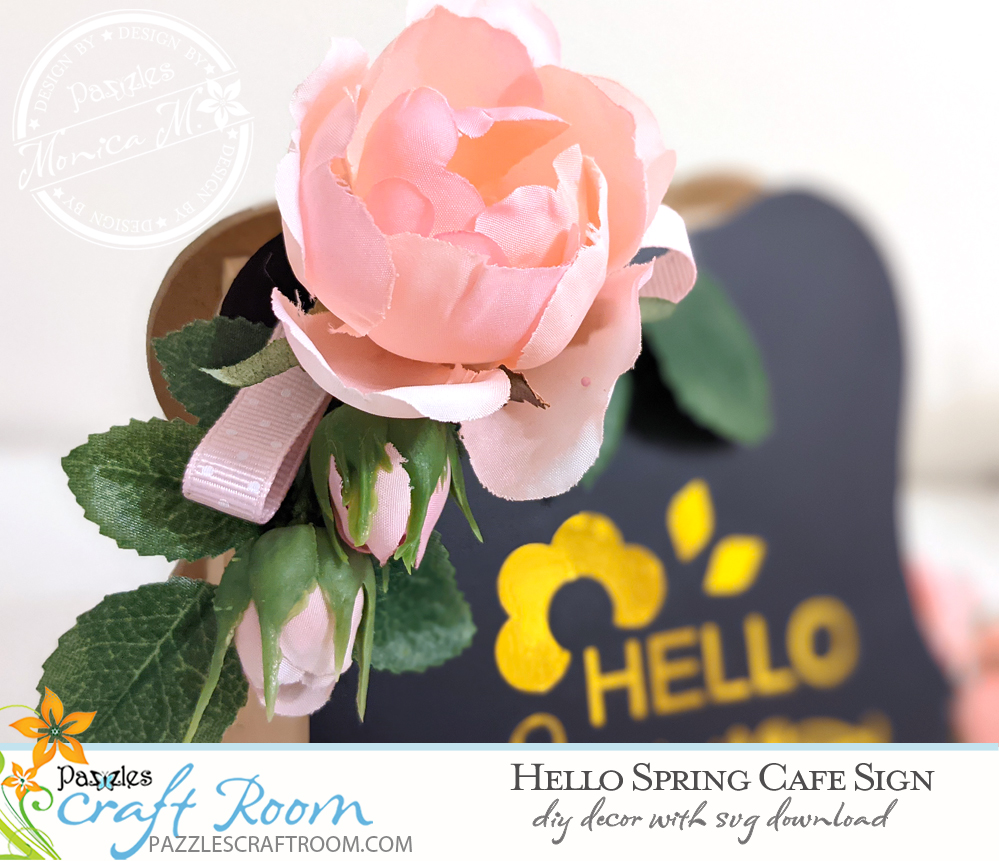 Pazzles DIY Hello Spring Cafe Sign with instant SVG download. Instant SVG download compatible with all major electronic cutters including Pazzles Inspiration, Cricut, and Silhouette Cameo. Design by Monica Martinez. 