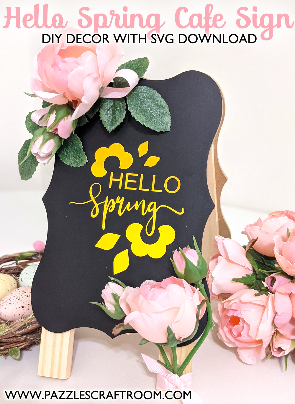 Pazzles DIY Hello Spring Cafe Sign with instant SVG download. Instant SVG download compatible with all major electronic cutters including Pazzles Inspiration, Cricut, and Silhouette Cameo. Design by Monica Martinez. 