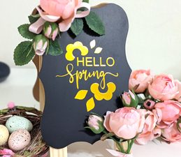 Pazzles DIY Hello Spring Cafe Sign with instant SVG download. Instant SVG download compatible with all major electronic cutters including Pazzles Inspiration, Cricut, and Silhouette Cameo. Design by Monica Martinez.