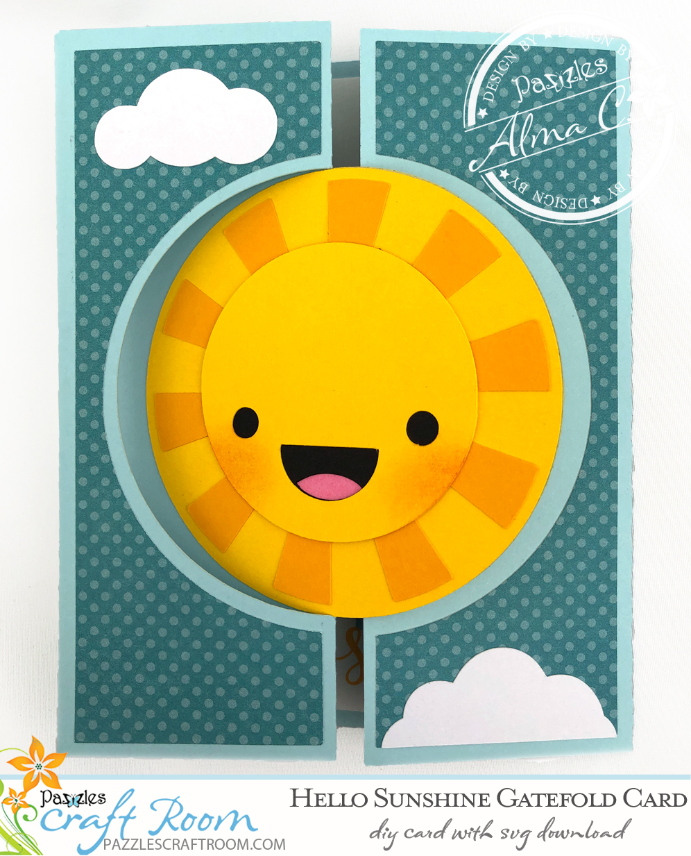 Pazzles Hello Sunshine DIY Gatefold Card with instant SVG download- Compatible with all major electronic cutters including Pazzles Inspiration, Cricut, and Silhouette. Design by Alma Cervantes.