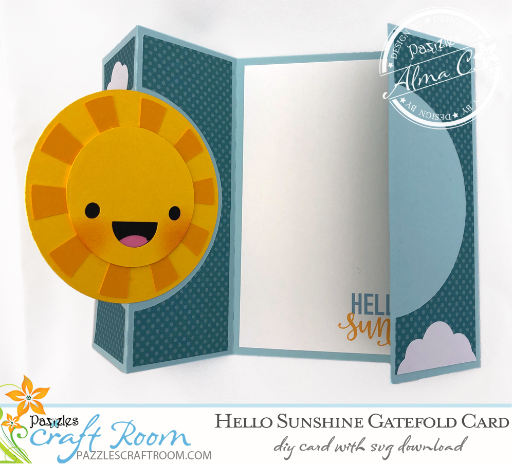 Pazzles Hello Sunshine DIY Gatefold Card with instant SVG download- Compatible with all major electronic cutters including Pazzles Inspiration, Cricut, and Silhouette. Design by Alma Cervantes.