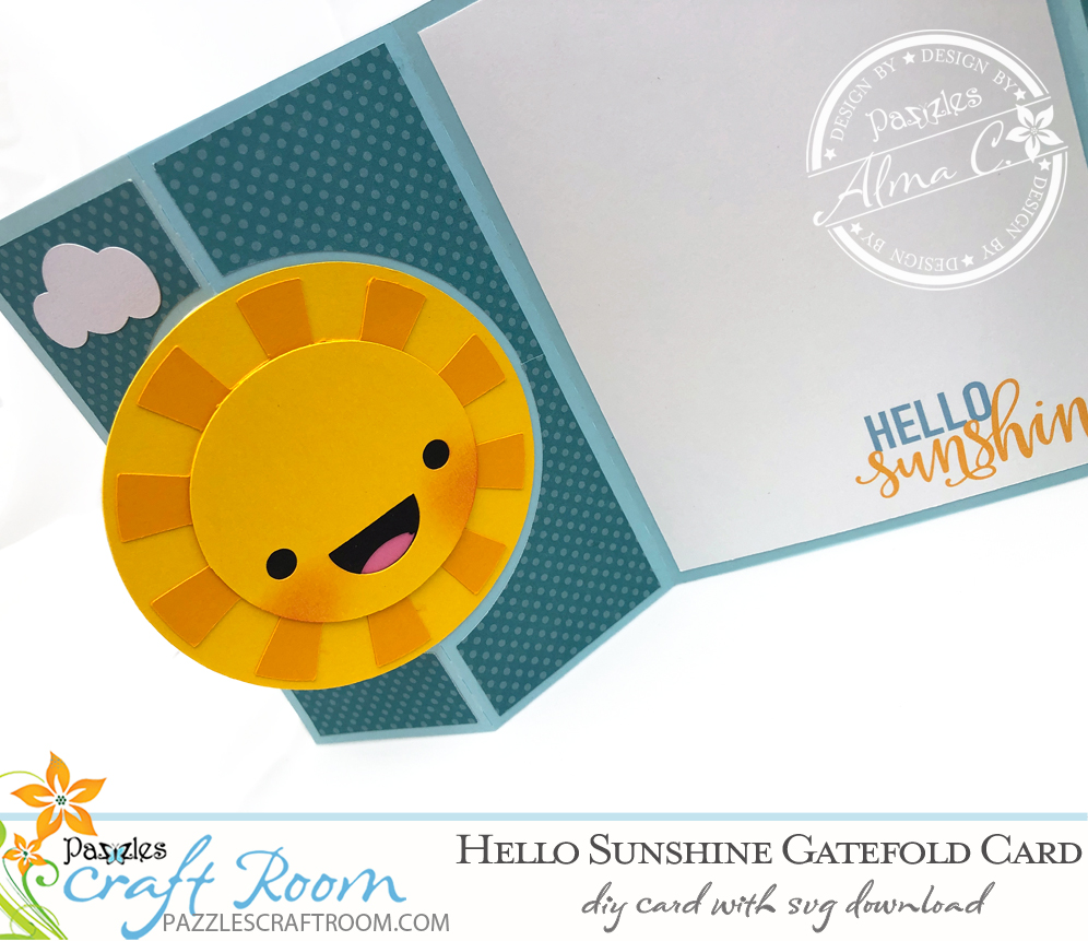 Pazzles Hello Sunshine DIY Gatefold Card with instant SVG download- Compatible with all major electronic cutters including Pazzles Inspiration, Cricut, and Silhouette. Design by Alma Cervantes.