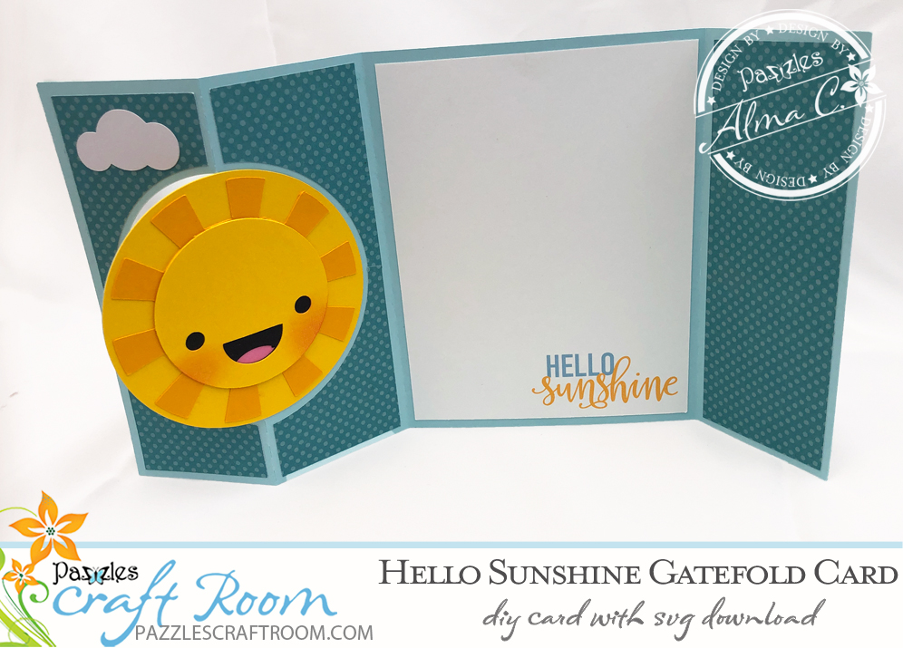 Pazzles Hello Sunshine DIY Gatefold Card with instant SVG download- Compatible with all major electronic cutters including Pazzles Inspiration, Cricut, and Silhouette. Design by Alma Cervantes.