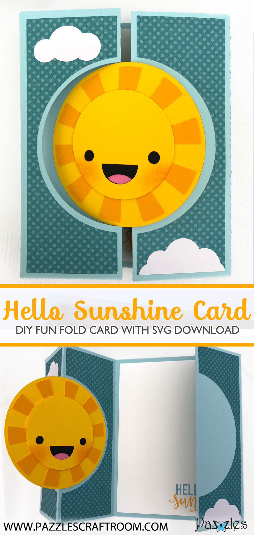 Pazzles Hello Sunshine DIY Gatefold Card with instant SVG download- Compatible with all major electronic cutters including Pazzles Inspiration, Cricut, and Silhouette. Design by Alma Cervantes.