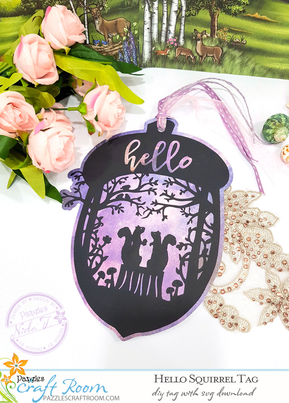 Pazzles DIY Hello Squirrel Tag with instant SVG download. Compatible with all major electronic cutters including Pazzles Inspiration, Cricut, and Silhouette Cameo. Design by Nida Tanweer.