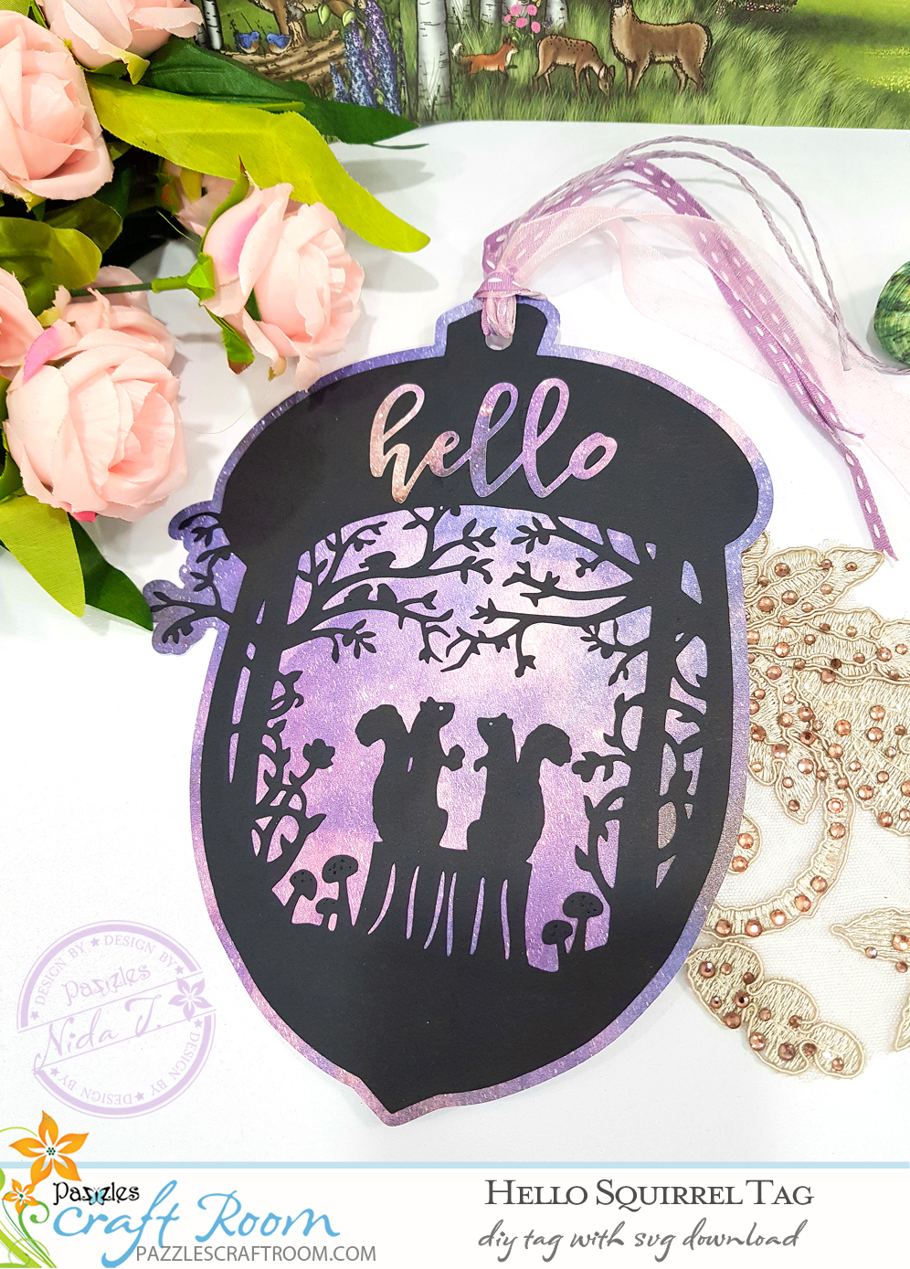 Pazzles DIY Hello Squirrel Tag with instant SVG download. Compatible with all major electronic cutters including Pazzles Inspiration, Cricut, and Silhouette Cameo. Design by Nida Tanweer.