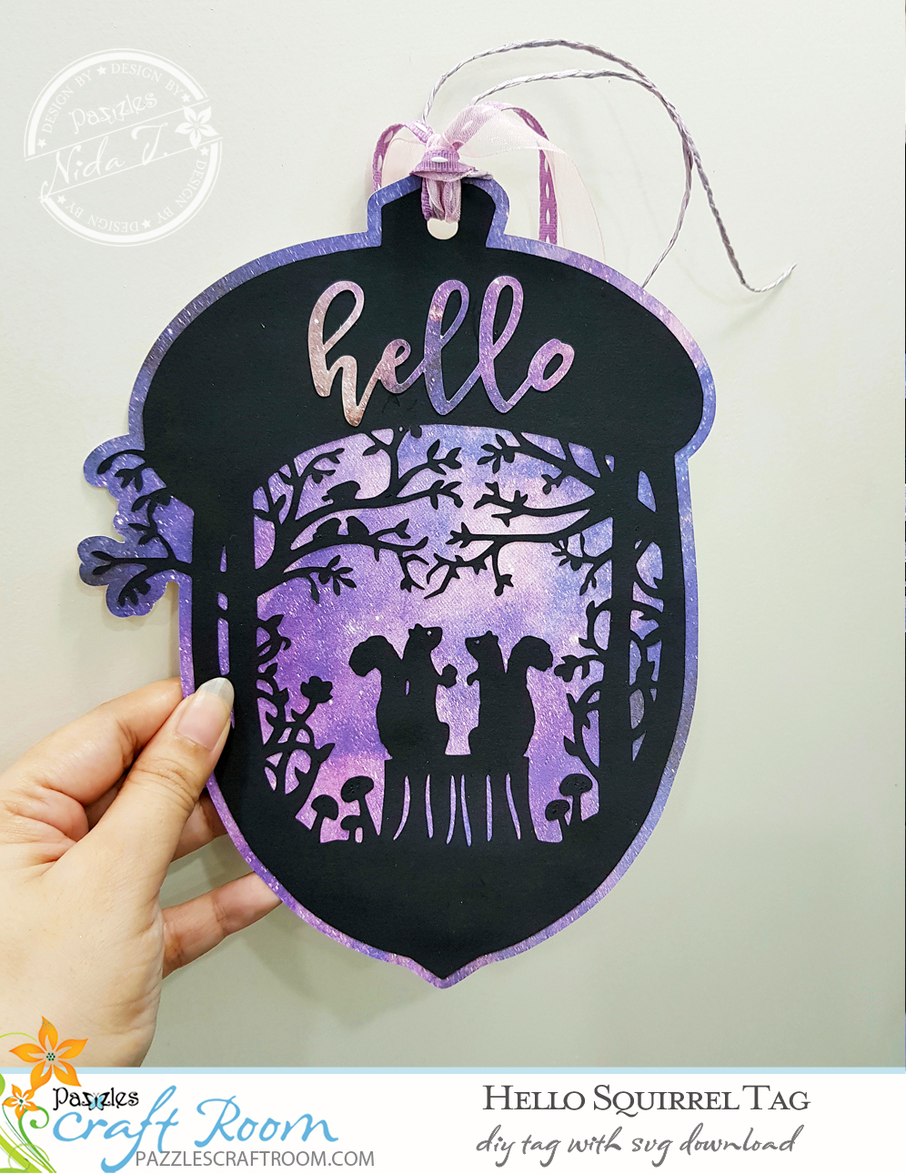 Pazzles DIY Hello Squirrel Tag with instant SVG download. Compatible with all major electronic cutters including Pazzles Inspiration, Cricut, and Silhouette Cameo. Design by Nida Tanweer.