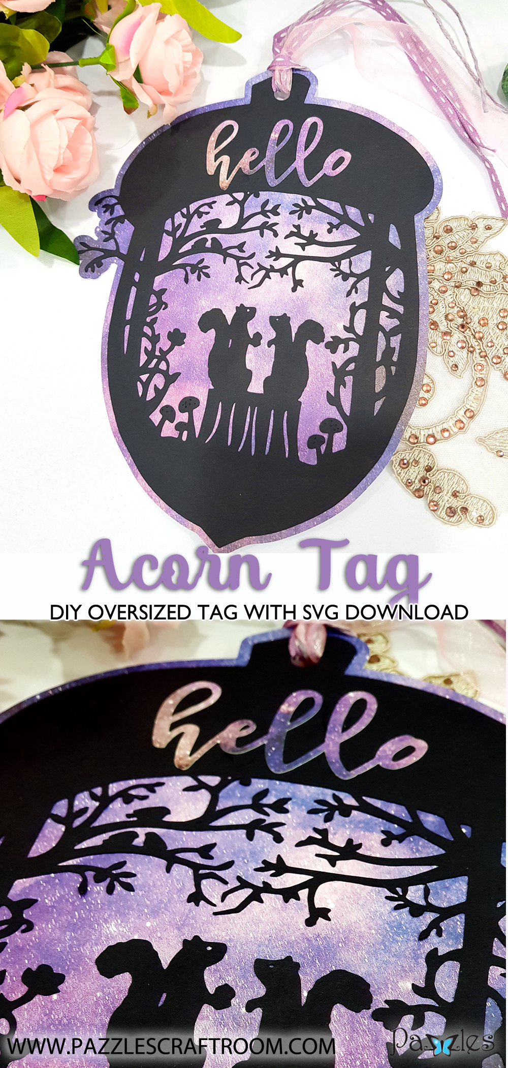 Pazzles DIY Hello Squirrel Tag with instant SVG download. Compatible with all major electronic cutters including Pazzles Inspiration, Cricut, and Silhouette Cameo. Design by Nida Tanweer.