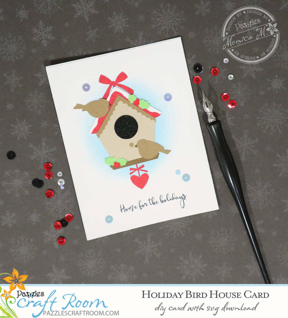 Pazzles DIY Holiday Birdhouse Card with instant SVG download. Compatible with all major electronic cutters including Pazzles Inspiration, Cricut, and Silhouette Cameo. Design by Monica Martinez.