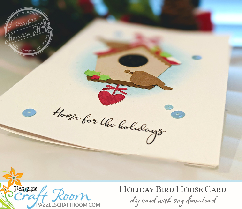 Pazzles DIY Holiday Birdhouse Card with instant SVG download. Compatible with all major electronic cutters including Pazzles Inspiration, Cricut, and Silhouette Cameo. Design by Monica Martinez.
